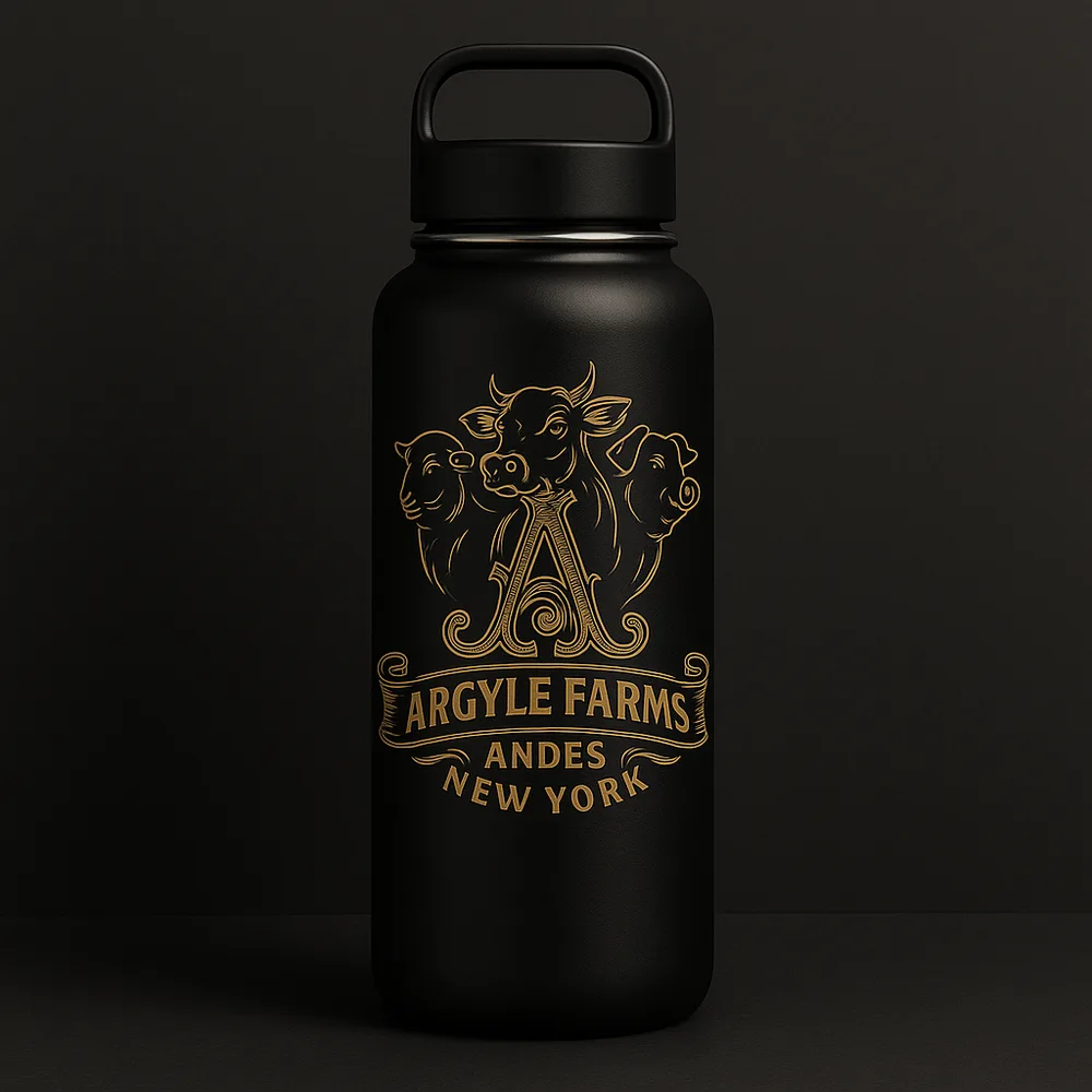 Black insulated stainless steel bottle with a laser-etched Argyle Farms crest