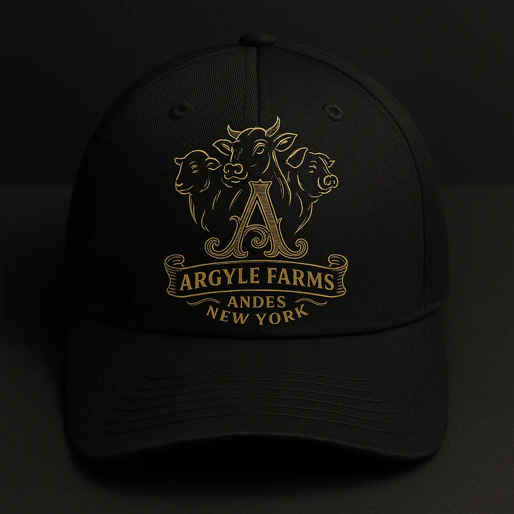 Black structured cap with a gold embroidered Argyle Farms crest